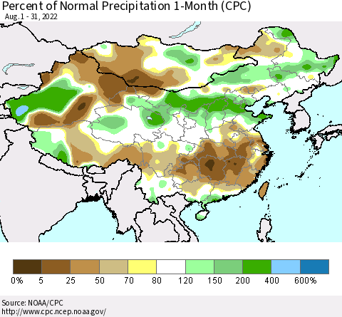 China, Mongolia and Taiwan Percent of Normal Precipitation 1-Month (CPC) Thematic Map For 8/1/2022 - 8/31/2022