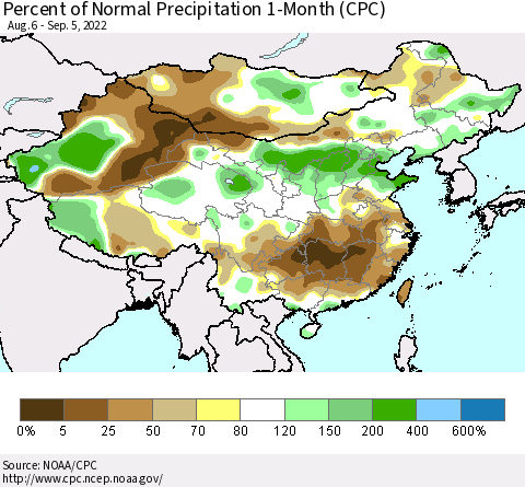 China, Mongolia and Taiwan Percent of Normal Precipitation 1-Month (CPC) Thematic Map For 8/6/2022 - 9/5/2022