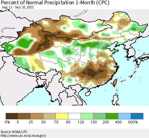 China, Mongolia and Taiwan Percent of Normal Precipitation 1-Month (CPC) Thematic Map For 8/11/2022 - 9/10/2022
