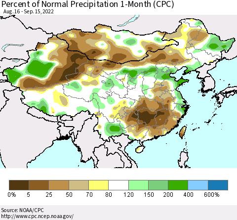 China, Mongolia and Taiwan Percent of Normal Precipitation 1-Month (CPC) Thematic Map For 8/16/2022 - 9/15/2022