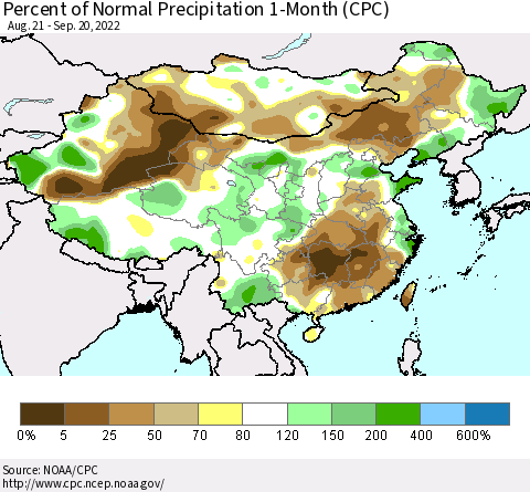 China, Mongolia and Taiwan Percent of Normal Precipitation 1-Month (CPC) Thematic Map For 8/21/2022 - 9/20/2022