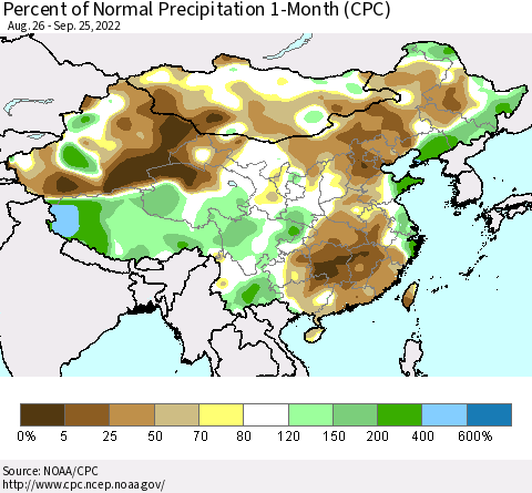China, Mongolia and Taiwan Percent of Normal Precipitation 1-Month (CPC) Thematic Map For 8/26/2022 - 9/25/2022