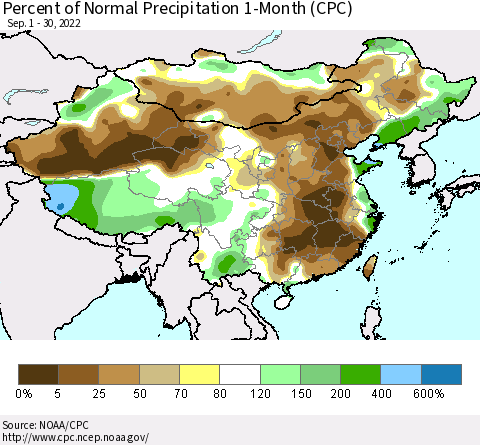 China, Mongolia and Taiwan Percent of Normal Precipitation 1-Month (CPC) Thematic Map For 9/1/2022 - 9/30/2022