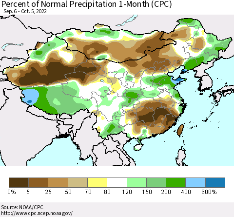 China, Mongolia and Taiwan Percent of Normal Precipitation 1-Month (CPC) Thematic Map For 9/6/2022 - 10/5/2022