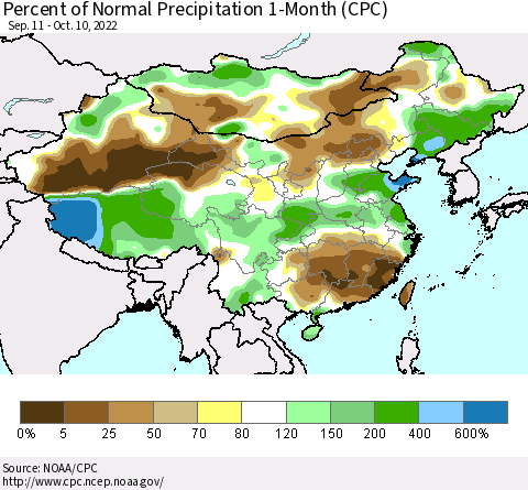 China, Mongolia and Taiwan Percent of Normal Precipitation 1-Month (CPC) Thematic Map For 9/11/2022 - 10/10/2022