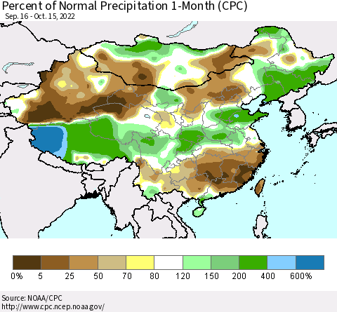 China, Mongolia and Taiwan Percent of Normal Precipitation 1-Month (CPC) Thematic Map For 9/16/2022 - 10/15/2022
