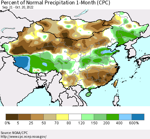 China, Mongolia and Taiwan Percent of Normal Precipitation 1-Month (CPC) Thematic Map For 9/21/2022 - 10/20/2022