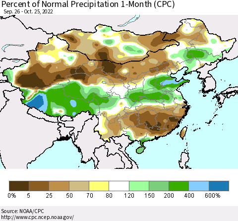 China, Mongolia and Taiwan Percent of Normal Precipitation 1-Month (CPC) Thematic Map For 9/26/2022 - 10/25/2022