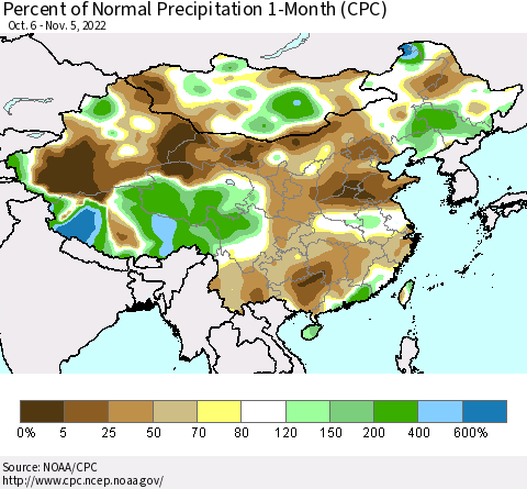 China, Mongolia and Taiwan Percent of Normal Precipitation 1-Month (CPC) Thematic Map For 10/6/2022 - 11/5/2022