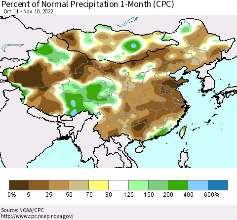 China, Mongolia and Taiwan Percent of Normal Precipitation 1-Month (CPC) Thematic Map For 10/11/2022 - 11/10/2022