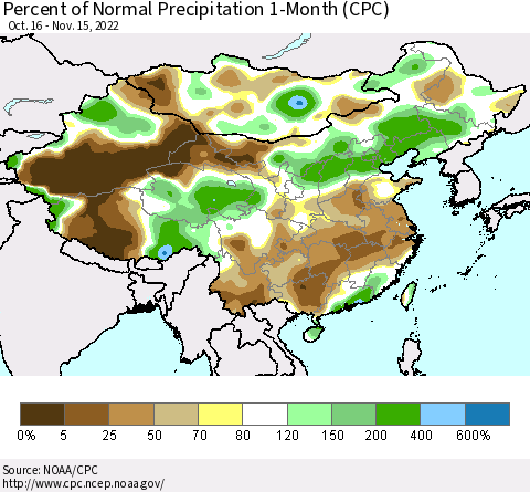 China, Mongolia and Taiwan Percent of Normal Precipitation 1-Month (CPC) Thematic Map For 10/16/2022 - 11/15/2022
