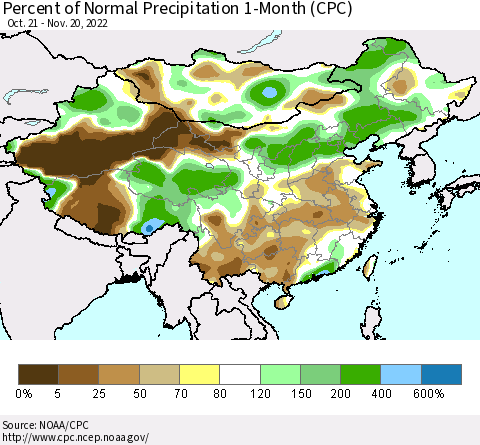 China, Mongolia and Taiwan Percent of Normal Precipitation 1-Month (CPC) Thematic Map For 10/21/2022 - 11/20/2022