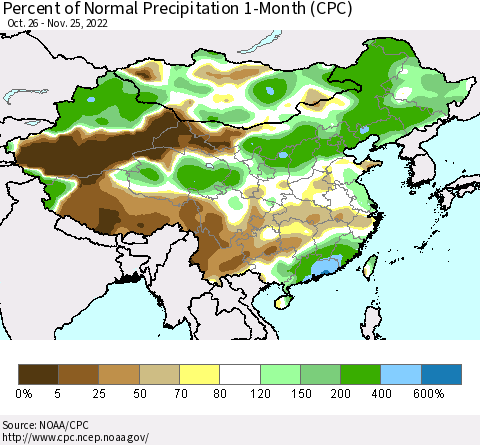 China, Mongolia and Taiwan Percent of Normal Precipitation 1-Month (CPC) Thematic Map For 10/26/2022 - 11/25/2022