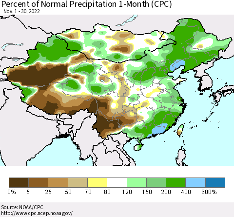 China, Mongolia and Taiwan Percent of Normal Precipitation 1-Month (CPC) Thematic Map For 11/1/2022 - 11/30/2022