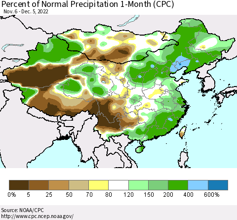 China, Mongolia and Taiwan Percent of Normal Precipitation 1-Month (CPC) Thematic Map For 11/6/2022 - 12/5/2022