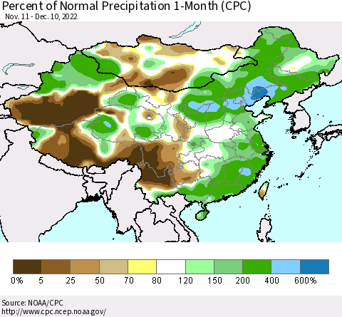 China, Mongolia and Taiwan Percent of Normal Precipitation 1-Month (CPC) Thematic Map For 11/11/2022 - 12/10/2022