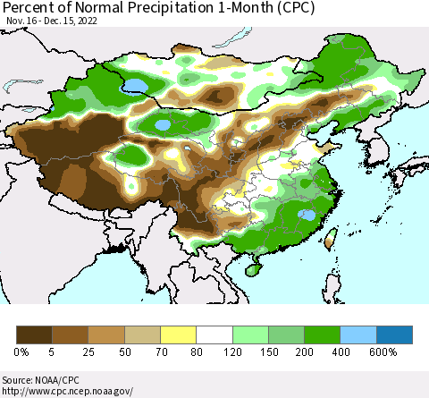 China, Mongolia and Taiwan Percent of Normal Precipitation 1-Month (CPC) Thematic Map For 11/16/2022 - 12/15/2022