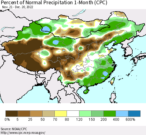 China, Mongolia and Taiwan Percent of Normal Precipitation 1-Month (CPC) Thematic Map For 11/21/2022 - 12/20/2022