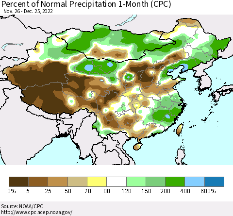 China, Mongolia and Taiwan Percent of Normal Precipitation 1-Month (CPC) Thematic Map For 11/26/2022 - 12/25/2022