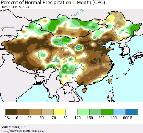 China, Mongolia and Taiwan Percent of Normal Precipitation 1-Month (CPC) Thematic Map For 12/6/2022 - 1/5/2023