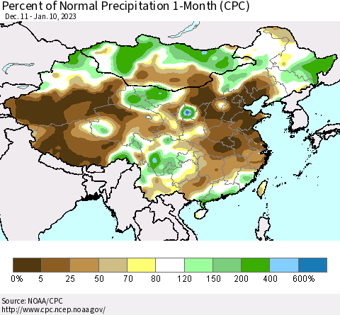 China, Mongolia and Taiwan Percent of Normal Precipitation 1-Month (CPC) Thematic Map For 12/11/2022 - 1/10/2023