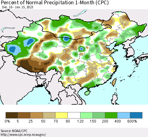 China, Mongolia and Taiwan Percent of Normal Precipitation 1-Month (CPC) Thematic Map For 12/16/2022 - 1/15/2023