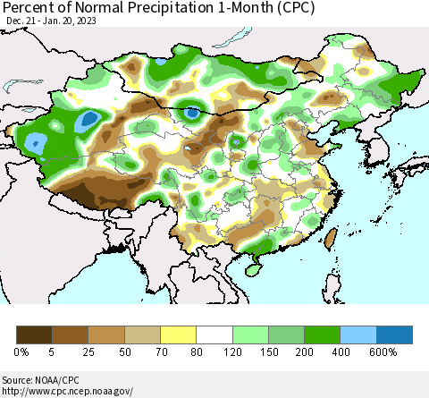 China, Mongolia and Taiwan Percent of Normal Precipitation 1-Month (CPC) Thematic Map For 12/21/2022 - 1/20/2023