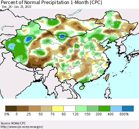 China, Mongolia and Taiwan Percent of Normal Precipitation 1-Month (CPC) Thematic Map For 12/26/2022 - 1/25/2023