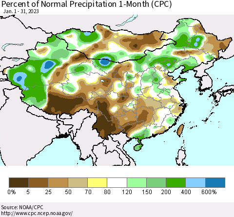 China, Mongolia and Taiwan Percent of Normal Precipitation 1-Month (CPC) Thematic Map For 1/1/2023 - 1/31/2023