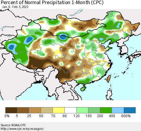 China, Mongolia and Taiwan Percent of Normal Precipitation 1-Month (CPC) Thematic Map For 1/6/2023 - 2/5/2023