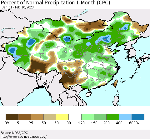 China, Mongolia and Taiwan Percent of Normal Precipitation 1-Month (CPC) Thematic Map For 1/11/2023 - 2/10/2023