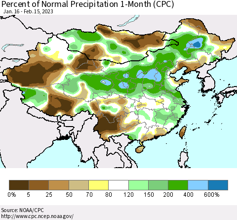 China, Mongolia and Taiwan Percent of Normal Precipitation 1-Month (CPC) Thematic Map For 1/16/2023 - 2/15/2023