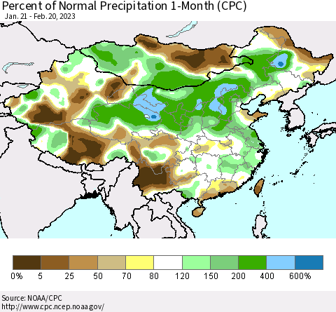 China, Mongolia and Taiwan Percent of Normal Precipitation 1-Month (CPC) Thematic Map For 1/21/2023 - 2/20/2023