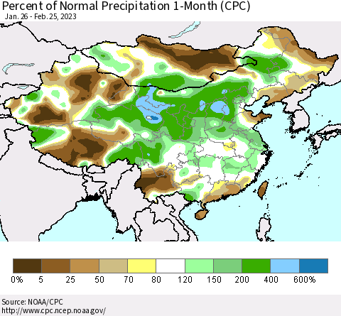 China, Mongolia and Taiwan Percent of Normal Precipitation 1-Month (CPC) Thematic Map For 1/26/2023 - 2/25/2023