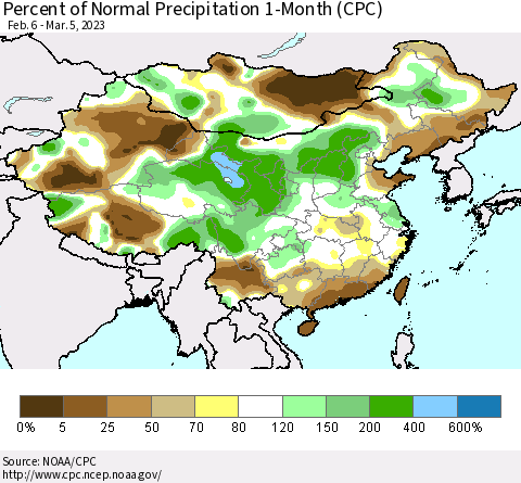 China, Mongolia and Taiwan Percent of Normal Precipitation 1-Month (CPC) Thematic Map For 2/6/2023 - 3/5/2023