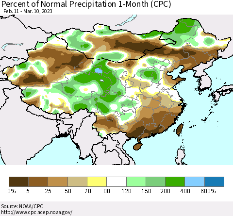 China, Mongolia and Taiwan Percent of Normal Precipitation 1-Month (CPC) Thematic Map For 2/11/2023 - 3/10/2023