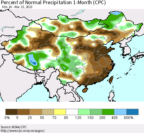 China, Mongolia and Taiwan Percent of Normal Precipitation 1-Month (CPC) Thematic Map For 2/16/2023 - 3/15/2023