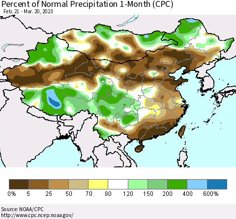 China, Mongolia and Taiwan Percent of Normal Precipitation 1-Month (CPC) Thematic Map For 2/21/2023 - 3/20/2023