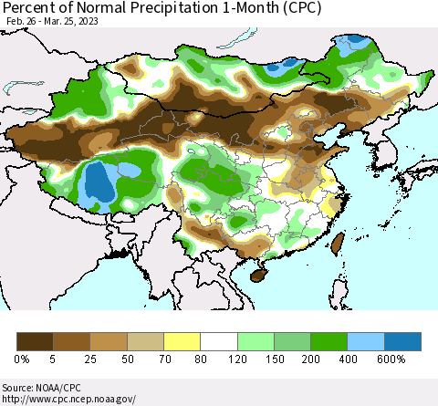 China, Mongolia and Taiwan Percent of Normal Precipitation 1-Month (CPC) Thematic Map For 2/26/2023 - 3/25/2023