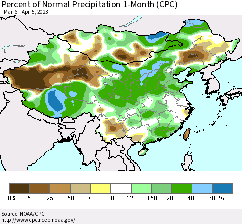 China, Mongolia and Taiwan Percent of Normal Precipitation 1-Month (CPC) Thematic Map For 3/6/2023 - 4/5/2023