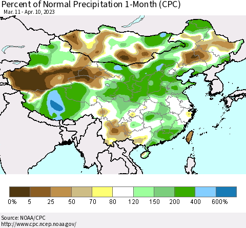 China, Mongolia and Taiwan Percent of Normal Precipitation 1-Month (CPC) Thematic Map For 3/11/2023 - 4/10/2023