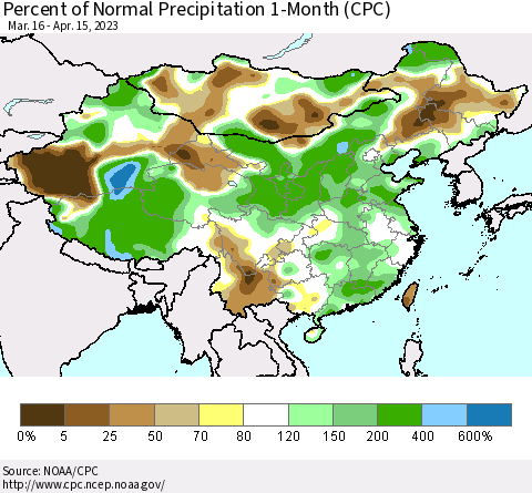 China, Mongolia and Taiwan Percent of Normal Precipitation 1-Month (CPC) Thematic Map For 3/16/2023 - 4/15/2023