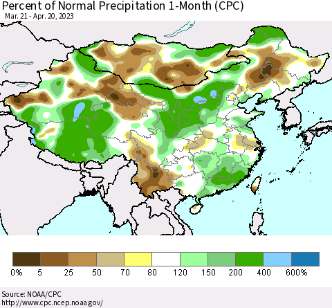 China, Mongolia and Taiwan Percent of Normal Precipitation 1-Month (CPC) Thematic Map For 3/21/2023 - 4/20/2023