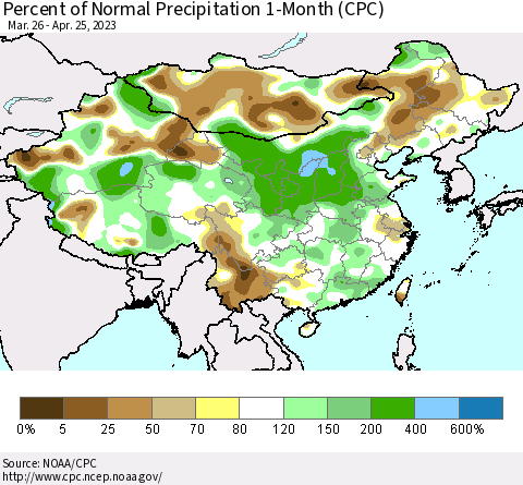 China, Mongolia and Taiwan Percent of Normal Precipitation 1-Month (CPC) Thematic Map For 3/26/2023 - 4/25/2023