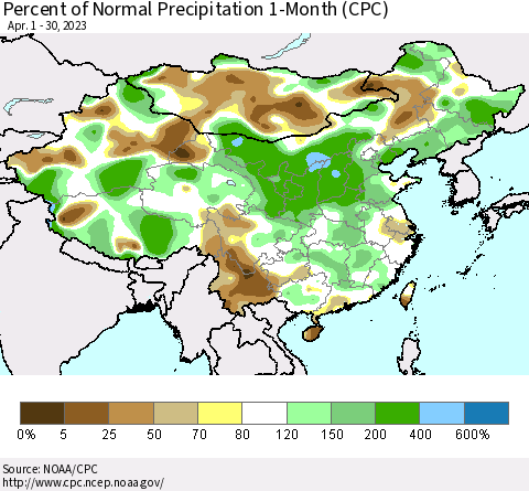 China, Mongolia and Taiwan Percent of Normal Precipitation 1-Month (CPC) Thematic Map For 4/1/2023 - 4/30/2023