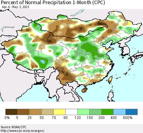 China, Mongolia and Taiwan Percent of Normal Precipitation 1-Month (CPC) Thematic Map For 4/6/2023 - 5/5/2023