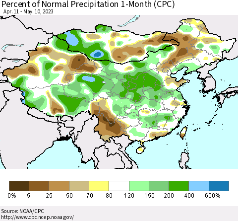 China, Mongolia and Taiwan Percent of Normal Precipitation 1-Month (CPC) Thematic Map For 4/11/2023 - 5/10/2023