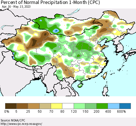 China, Mongolia and Taiwan Percent of Normal Precipitation 1-Month (CPC) Thematic Map For 4/16/2023 - 5/15/2023