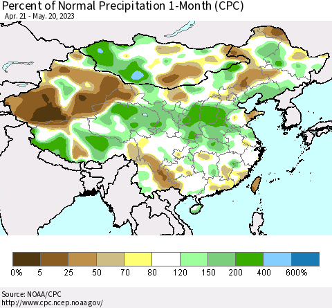 China, Mongolia and Taiwan Percent of Normal Precipitation 1-Month (CPC) Thematic Map For 4/21/2023 - 5/20/2023