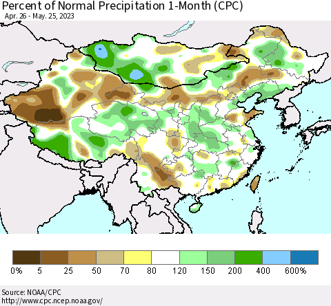 China, Mongolia and Taiwan Percent of Normal Precipitation 1-Month (CPC) Thematic Map For 4/26/2023 - 5/25/2023